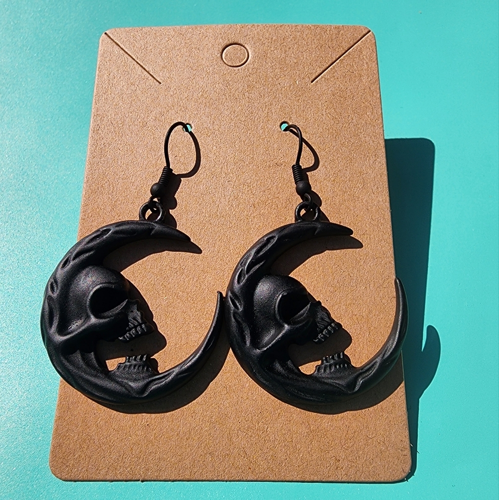 🎆 Black Skull Moon Dangle Earrings | Goth Witchy Jewelry | Lightweight | OS